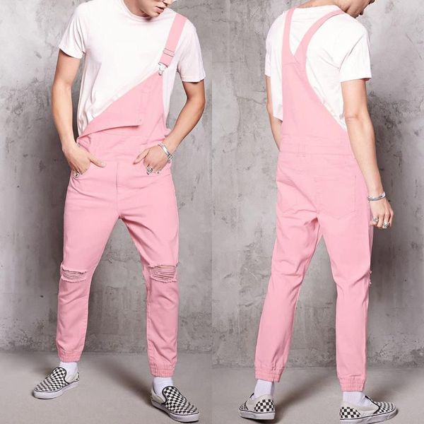 

men's jeans pink retro denim shorts with holes overalls and suspenders, Blue