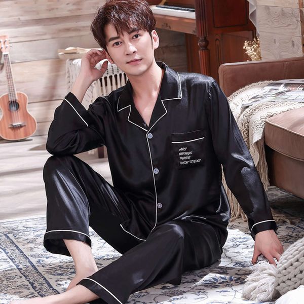 

spring and autumn pajamas xiabingsi thin long sleeve large size dad two piece men's silk home suit, Black;brown