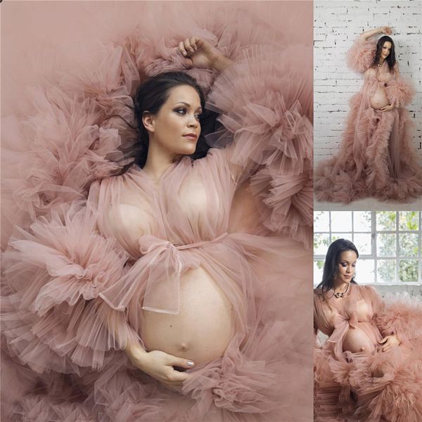 

pregant women prom dresses v neck tulle long sleeve kimono robe maternity dress evening gowns bridal sleepwear, Black