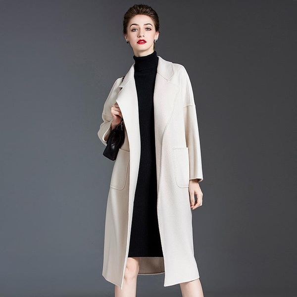 

women's wool & blends 2021 fashion winter coat long warm cashemre coats and jackets female outwear with belt white jacket clothing wpy1, Black