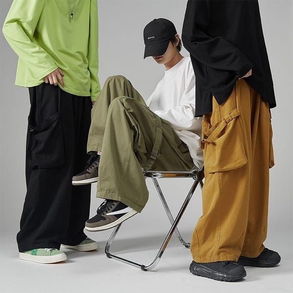 

men's pants autumn wide-leg fashion casual pocket cargo men streetear loose hip-hop oversize straight mens trousers, Black