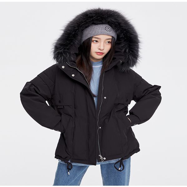 

autumn and winter fashion down jacket warm temperament of long coat with large fur collar, Black