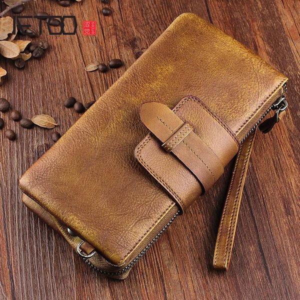 

wallets aetoo vegetable tanned leather men's wallet, long zipper retro soft clutch, Red;black