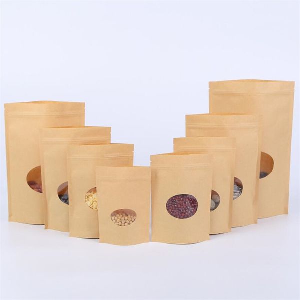 100 шт. / Лот Крафт Бумажные пакеты встать многоразовые уплотнительные пищевые мешки с окном для хранения кукиной пищи