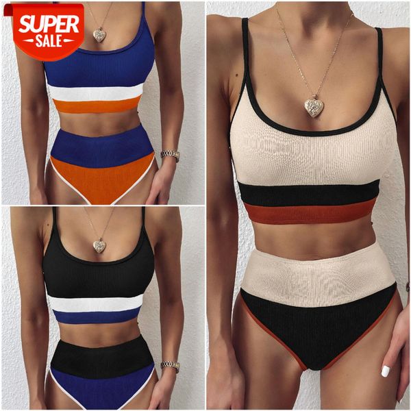 

bathing suits women's split swimsuit pit stripe stitching high waist bikini 9654 #yf20, White;black