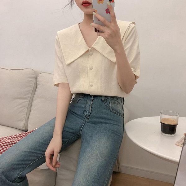 

women's blouses & shirts 2021 korean preppy style turn-down collar short sleeve shirt women summer small fresh blouse woman cute blusa, White