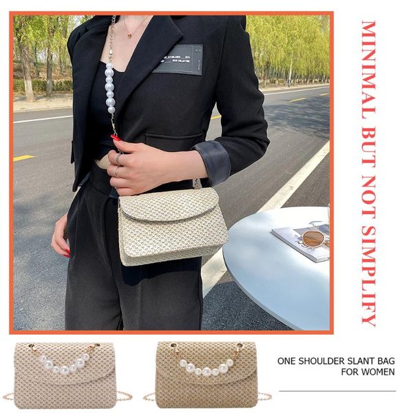 

evening bags straw woven pure color shoulder bag summer women pearl chain small handbag