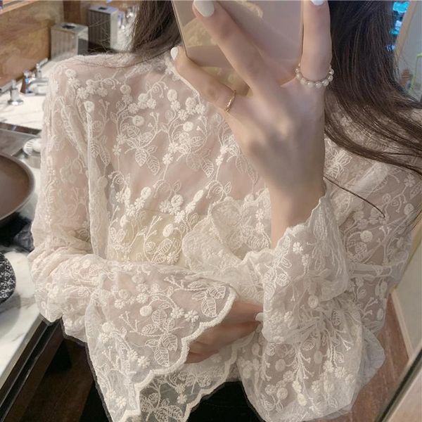 

women's blouses & shirts autumn winter temperament trumpet sleeves restonic shan take self-long sleeve women base shirt blouse-music of, White