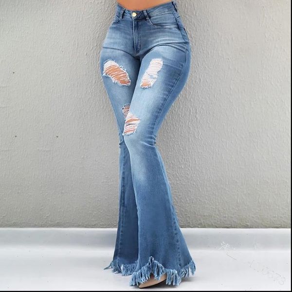 

ladies denim flare jeans women ripped jeans denim skinny jeans pants female wide leg hole, Blue