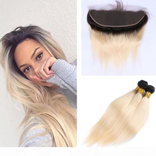 

raw t1b 613 straight blonde ombre human hair 3 bundles with lace frontal 100% human virgin hair brazilian straight lace frontal with bundles, Black;brown