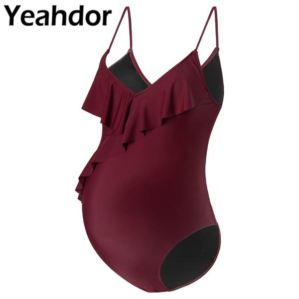

one-piece suits womens maternity swimwear pregnant one piece halter deep v neck ruffle swimming bathing female monokini beachwear