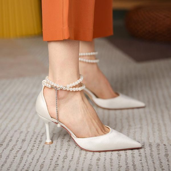 

dress shoes 2021 silk ankle pearl strap strappy design fashion high heels women pumps stiletto wedding bridal big size 9, Black