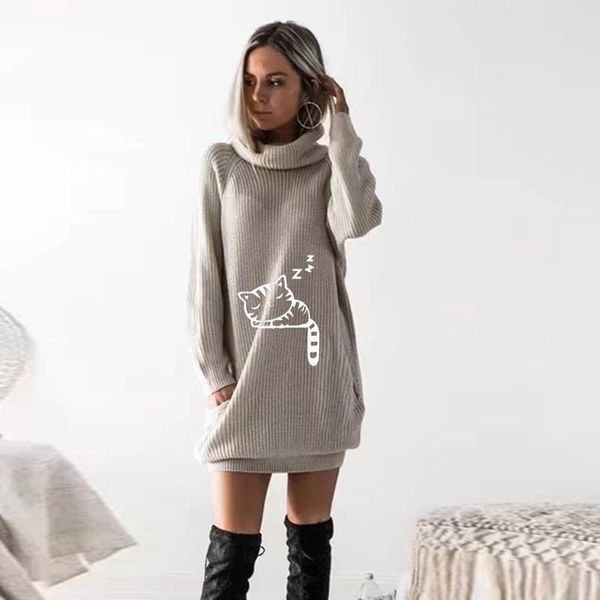 

casual dresses fashion women autumn winter causal sweater dress high neck long sleeve cat print loose sweaters knitted 4 color, Black;gray