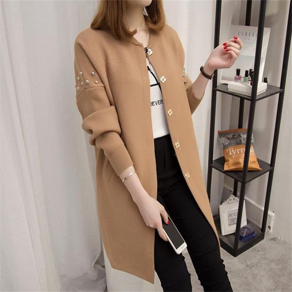 

women's knits & tees zoulv 2021 autumn winter loose solid o-neck sweater fashion outerwear medium-long beading rivets female cardigan, White