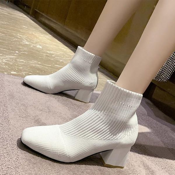 

boots women socks high heels stretch fabric ladies short ankle slip on comfortable female fashion shoes square, Black