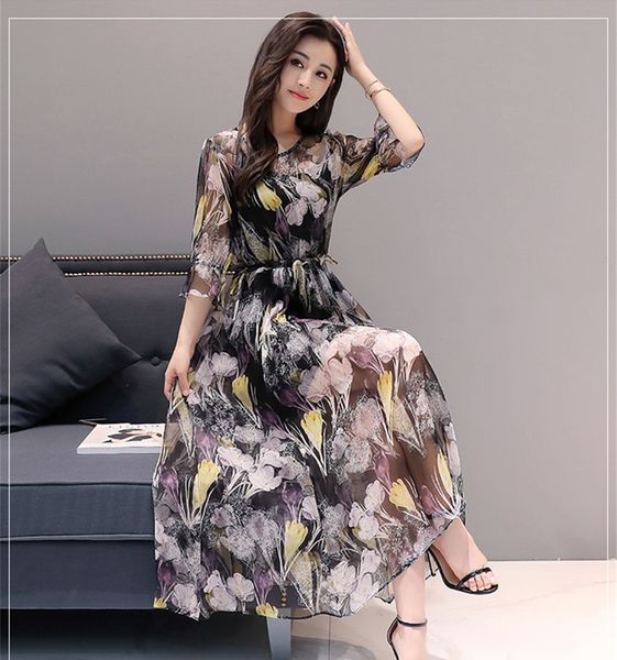 

2021 new robe maxi es long femme ete elegant floral beach women boho vestidos mujer summer chiffon fyy622 nbt6, Black;gray