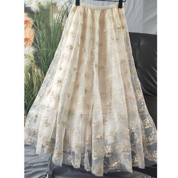 

skirts women 2021 spring autumn embroidery a-line tutu mesh skirt female elegant tulle long pleated ladies chic fairy b996, Black