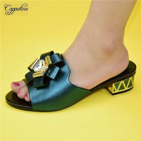 

dress shoes beautiful teal green medium heel for party latest slippers 86-1 height 4.5cm, Black