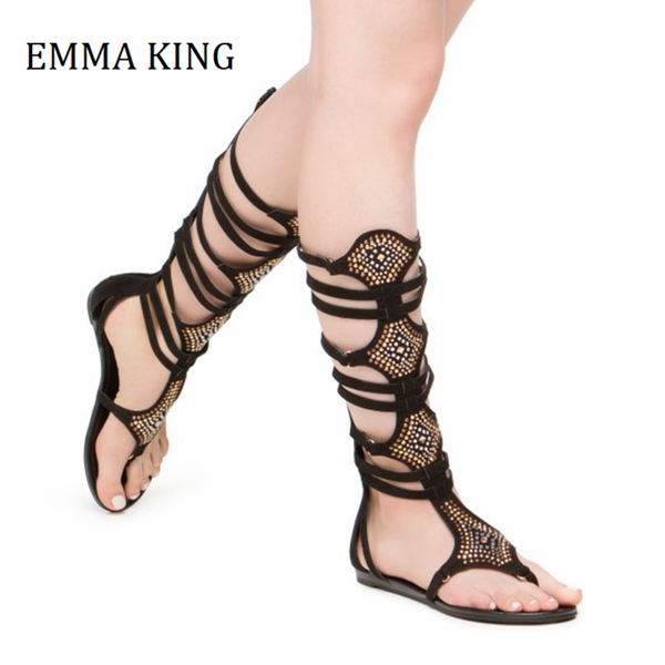 

sandals 2021 summer women rhinestone strappy gladiator open toe black knee high roman woman flat beach 44