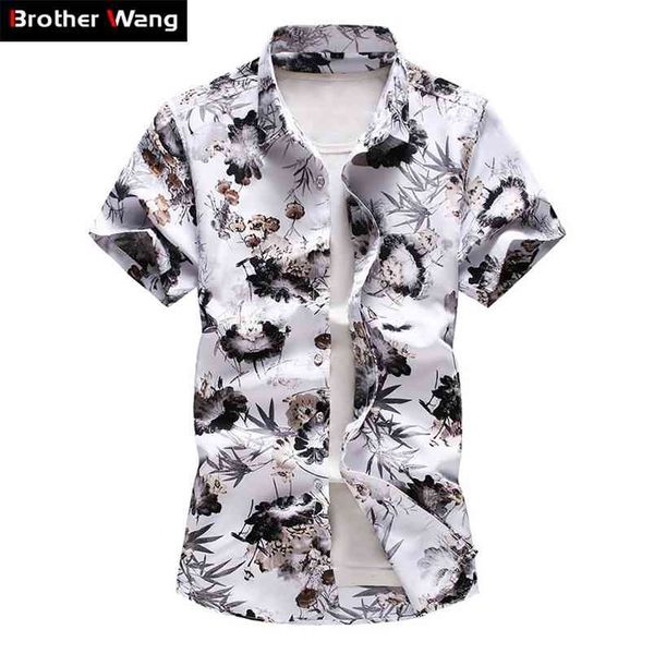

plus size 5xl 6xl 7xl men's hawaiian shirt summer fashion casual printing short sleeve flower male brand clothes 210721, White;black
