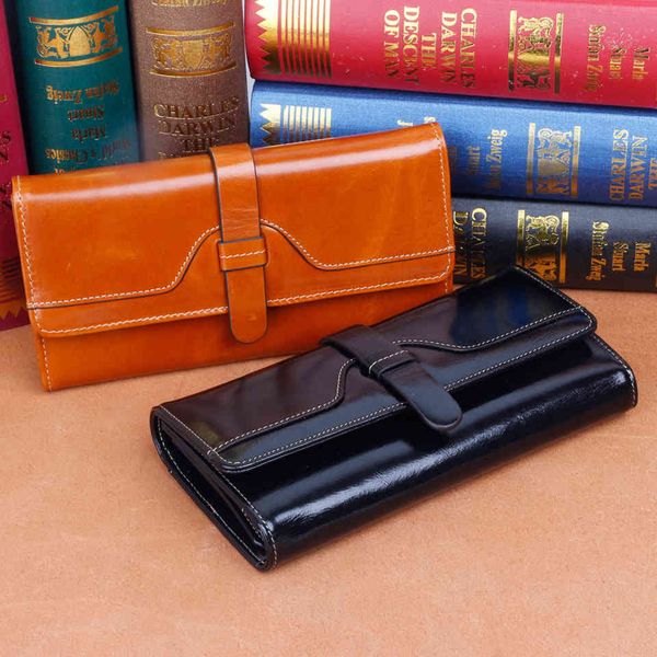 

wallet lady's long large capacity rfid oil wax cow leather hand holding, Red;black