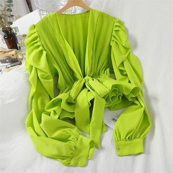 

fashion designer ruffle chiffon blouse puff sleeve elegant shirt women white shirts slim waist blusa mujer women's blouses