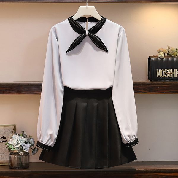 

plus size xl-5xl female blousesuit and plissado mni skirt two pieces joint 2021 spring summer ladies formal suits 9r80, Black