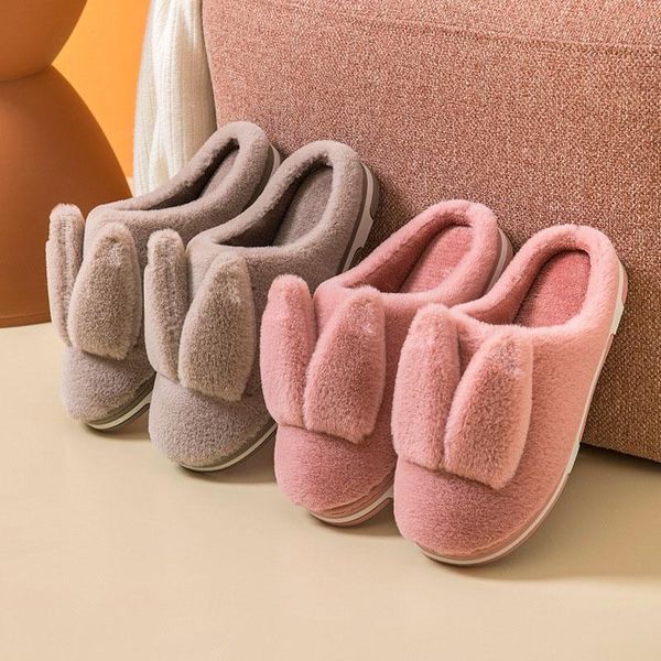 

slippers furry soft sole ears slides indoor warm platform shoes parent-child home for women 2021 y, Black