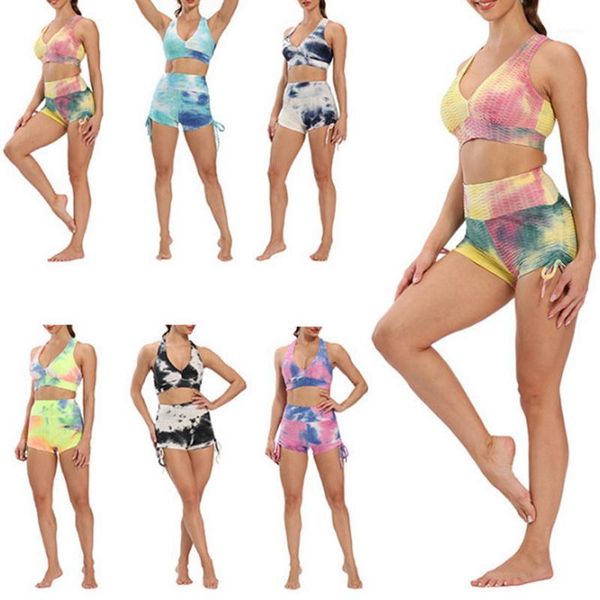 

yoga outfits women set summer sport seamless suit bra gym clothes fitness crop shirt high waist shorts sportswear1, White;red