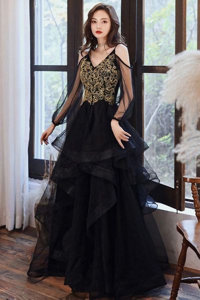 

black adn gold applique 2022 prom homecoming dresses with straps a line ruffles tulle long illusion sleeves graduation bridesmaid evening fo