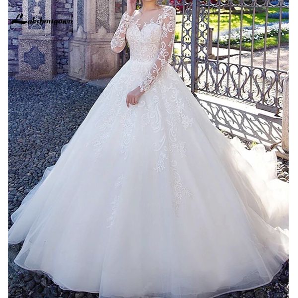 

2021 new long plus size illusion sleeve ball gown wedding es jewel neck court train tulle with lace appliques m3mf, White