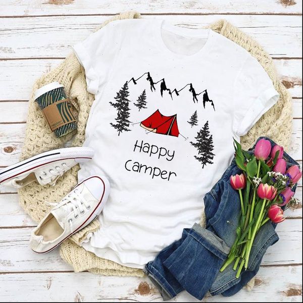 

women graphic happy camper tent cartoon printed summer shirt lady clothes t shirt womens clothing tee female t shirt, White