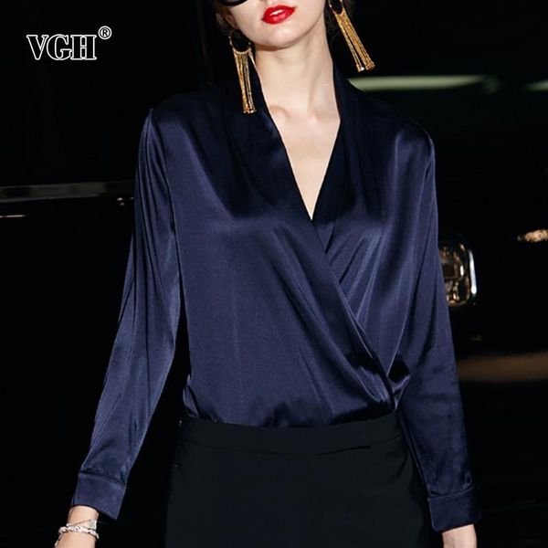 

women's blouses & shirts vgh 2021 summer vintage shirt for women v neck long sleeve button slim solid clothing female fashion tide, White