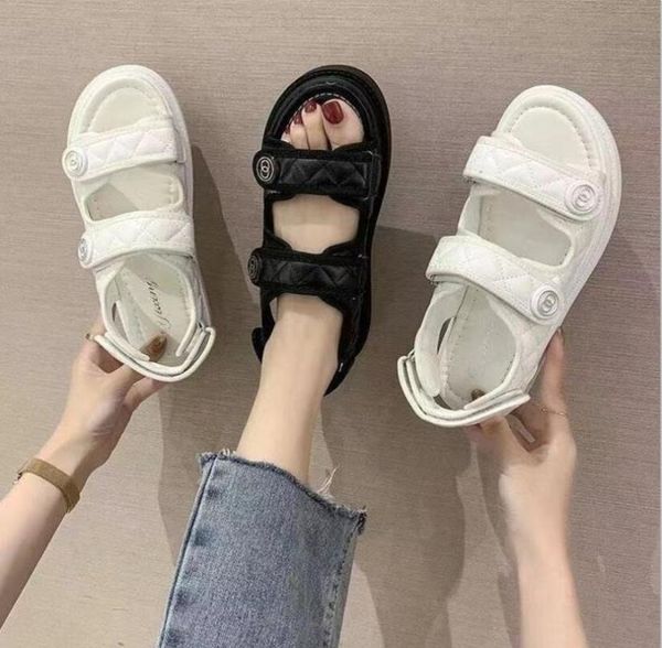 

sandals korean fashion female 2021 summer fairy style thick-soled beach shoes student flat-soled women's, Black