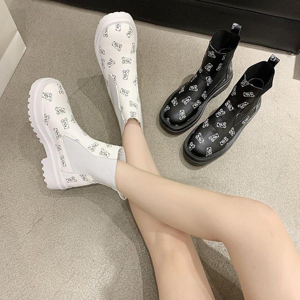 

boots style women's cartoon print ankle winter autumn shoes motorcycle, Black