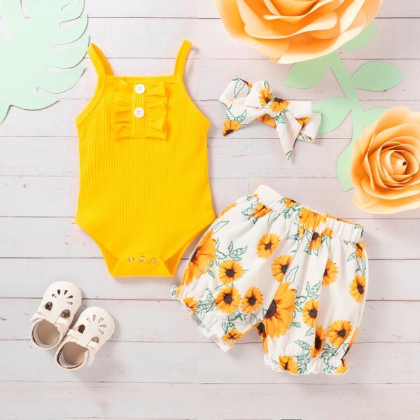 

clothing sets born baby girls clothes ruffle ribbed straps romper floral shorts headband outfits infant girl set 6 12 18 24 months, White