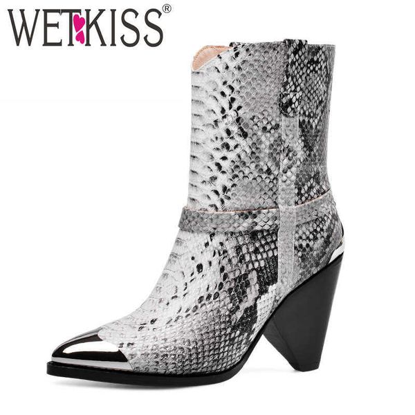 

wetkiss snake skin boots women metal western ankle boot female spike heels high shoes ladies pointed toe leather shoes 210630, Black