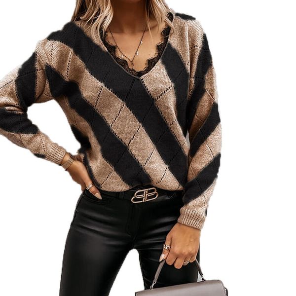 

women's sweater pullover jumper knitted color block stylish casual long sleeve regular fit sweater cardigans v neck fall winter khaki g, White;black