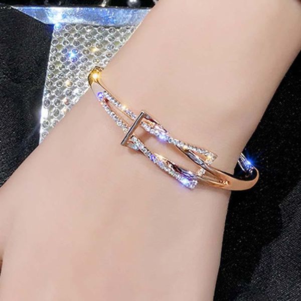 

charm bracelets luxury titanium steel bangles for woman party wedding jewelry rhinestone gold alloy female bridal wristband bracelet, Golden;silver
