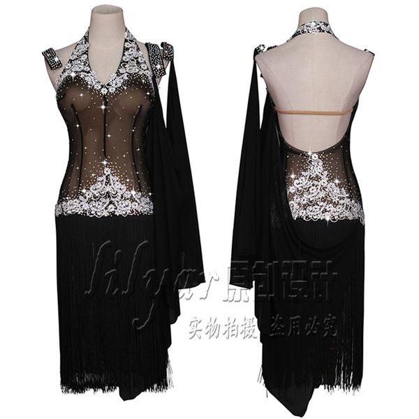 

black latin dance dress women sparkly rhinestones embroidery mesh tassel tango samba ballroom competition dance costume, Black;red