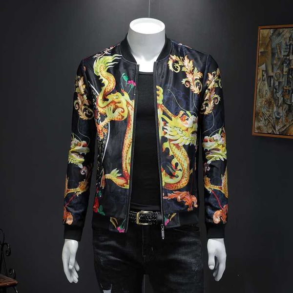 Primavera Outono Bomber Jaqueta Homens Glod Dragon Print Slim Fit Mens Casuais Casuais Streetwear Social Windbreaker Casaco M-5XL 210527