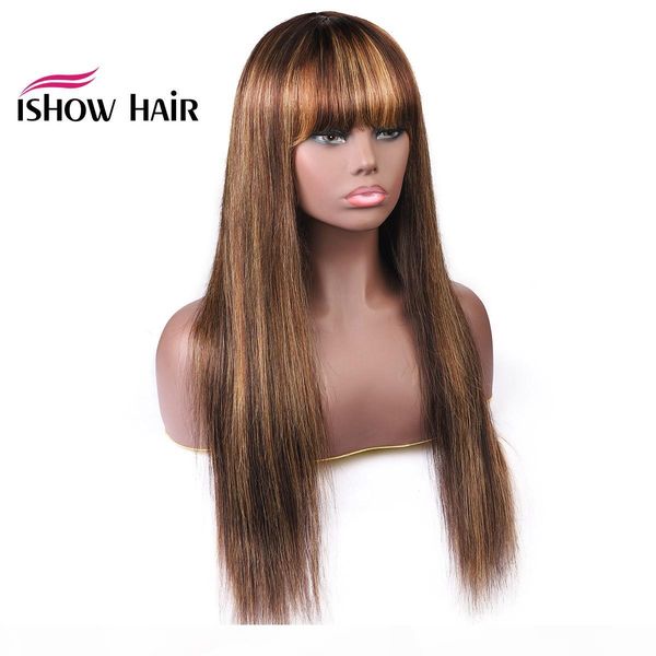 

ishow colored straight wig peruvian human hair wigs with bangs 4 27 orange ginger 99j human hair none lace wigs, Black;brown