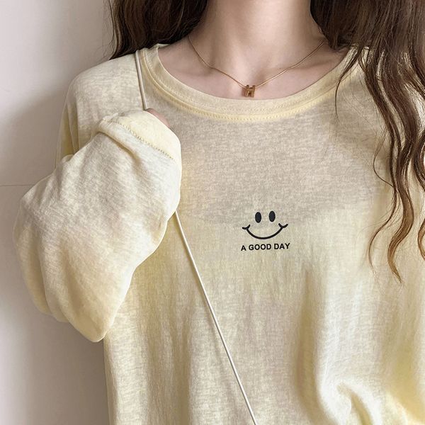 

tees t-shirt 2021 summer smiling face printed letters bamboo cotton thin sunscreen shirt loose long sleeve t-shirt women's fashion, White