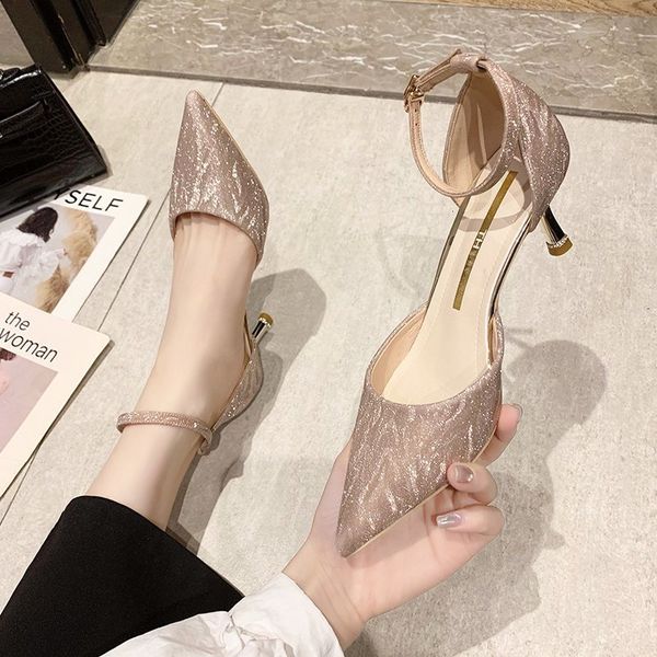 

2021 new luxury sequins sier on women fashion ankle strap pointed toe party woman thin heels wedding shoes n3cy, Black