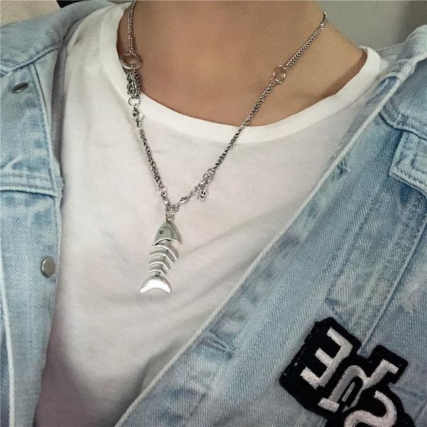 

pendant necklaces fish bone necklace japanese and korean niche design trendy street temperament cold wind collier bijouterie punk, Silver