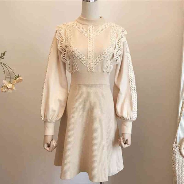 

autumn winter sweater korean casual women dress mini knitted a line long sleeve lace vestidos elegant knitwear robe, Black;gray