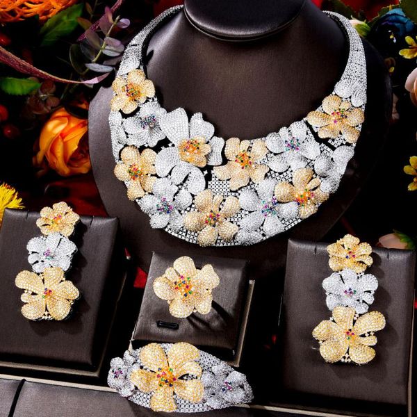 

Earrings & Necklace GODKI BIG Fashion Luxury 4PCS Peony Flowers African Jewelry Set For Women Wedding Party Zirconia Dubai Bridal, Silver