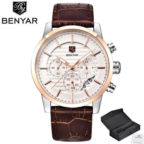 

wristwatches 2021 benyar brand casual fashion men quartz watch luxury military leather strap chronograph relogio masculino, Slivery;brown