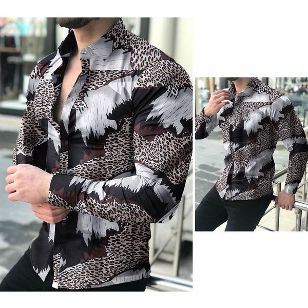 

men's casual shirts 2021 autumn man vintage shirt mens leopard printed turndown collar long sleeve oversized ethnic chemise homme cloth, White;black