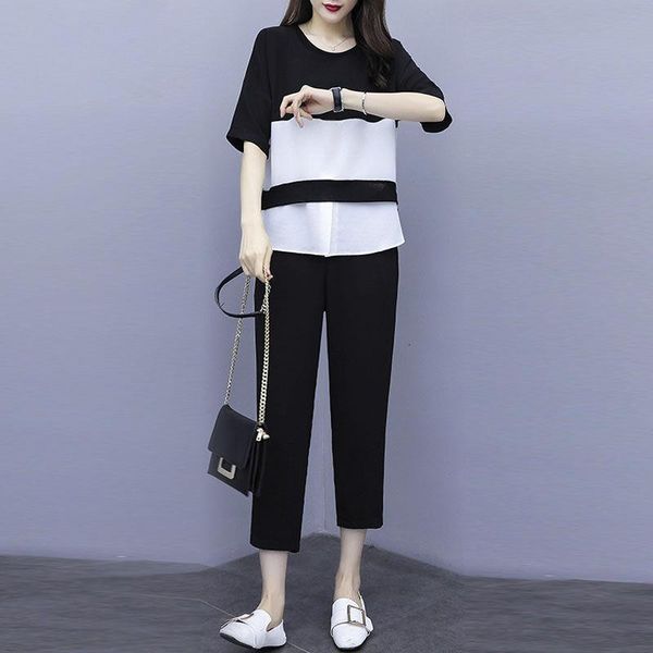 

middle-aged women summer causal loose suit half sleeve wide leg pants sets women's chiffon shirt mother tracksuit w238, Gray